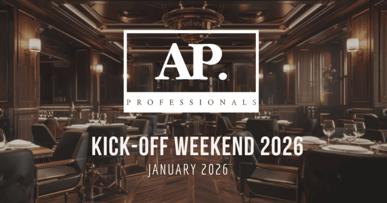 Background is a nice steakhouse restaurant with the text overlay stating "AP Professionals Kick-off Weekend 2026 January 2026"